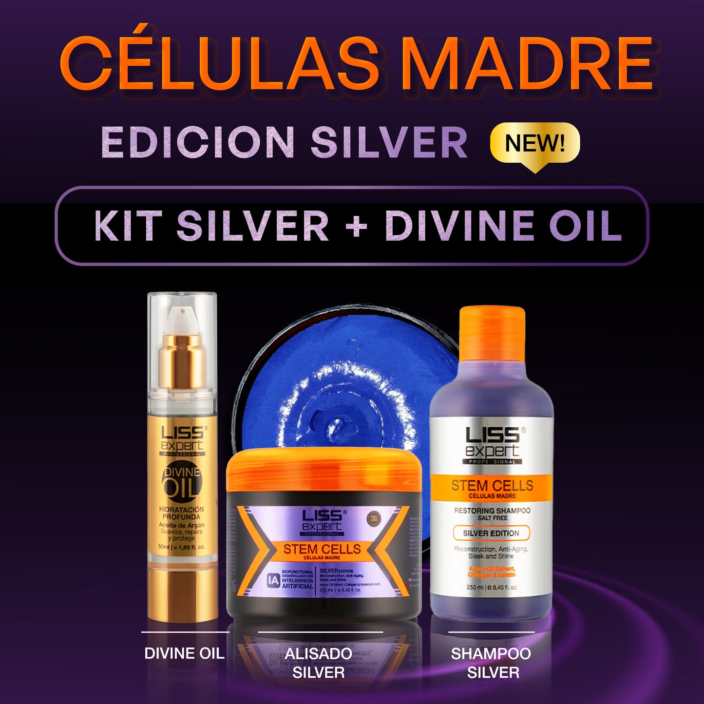Alisado Células Madre + Shampoo Células Madre Edición Silver + Divine Oil